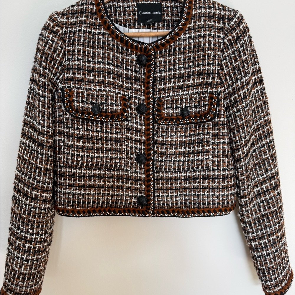 Christian Lacroix Brown & Cream Tweed Cropped Blazer, Size S